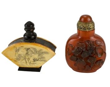 Chinese Amber Bone & Wood Carved Snuff Bottle LOT