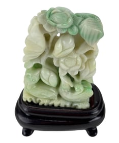 Chinese Carved Green Jade Floral & Bird Sculpture