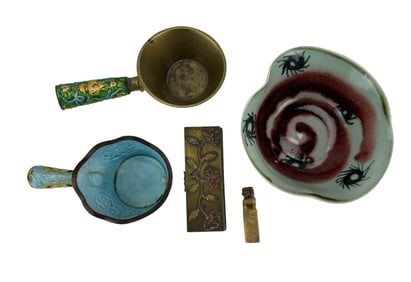 Chinese Metal Box Bowl Silk Iron Seal Textile 5pc