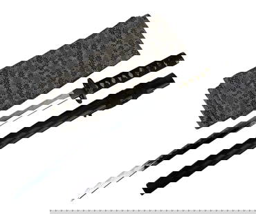 Japanese Katana Sword Dagger & Silk Brocade Sash: Japanese katana sword featuring a polished steel blade stamped Japan near the habaki having a traditional black ito wrapped tsuka (handle) with visible menuki under the wrap, and a decorative iron ton
