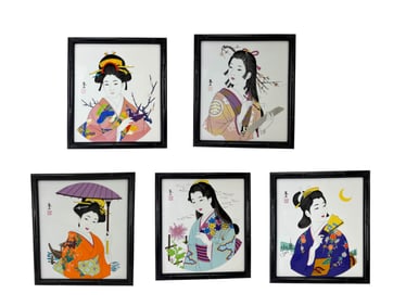 Japanese Geisha Portrait Porcelain Plaques SIGNED