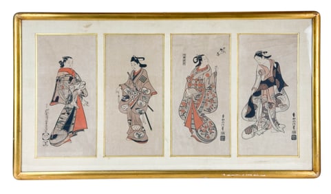 Japanese Colored Woodblock Prints Framed Set of 4