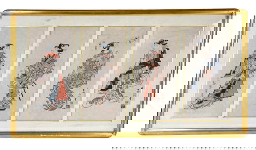 Japanese Colored Woodblock Prints Framed Set of 4: Framed group of four full length figure portraits in traditional dress. Each panel features stylized figures with inscriptions and publisher seals, mounted together in one frame. Label on verso reads