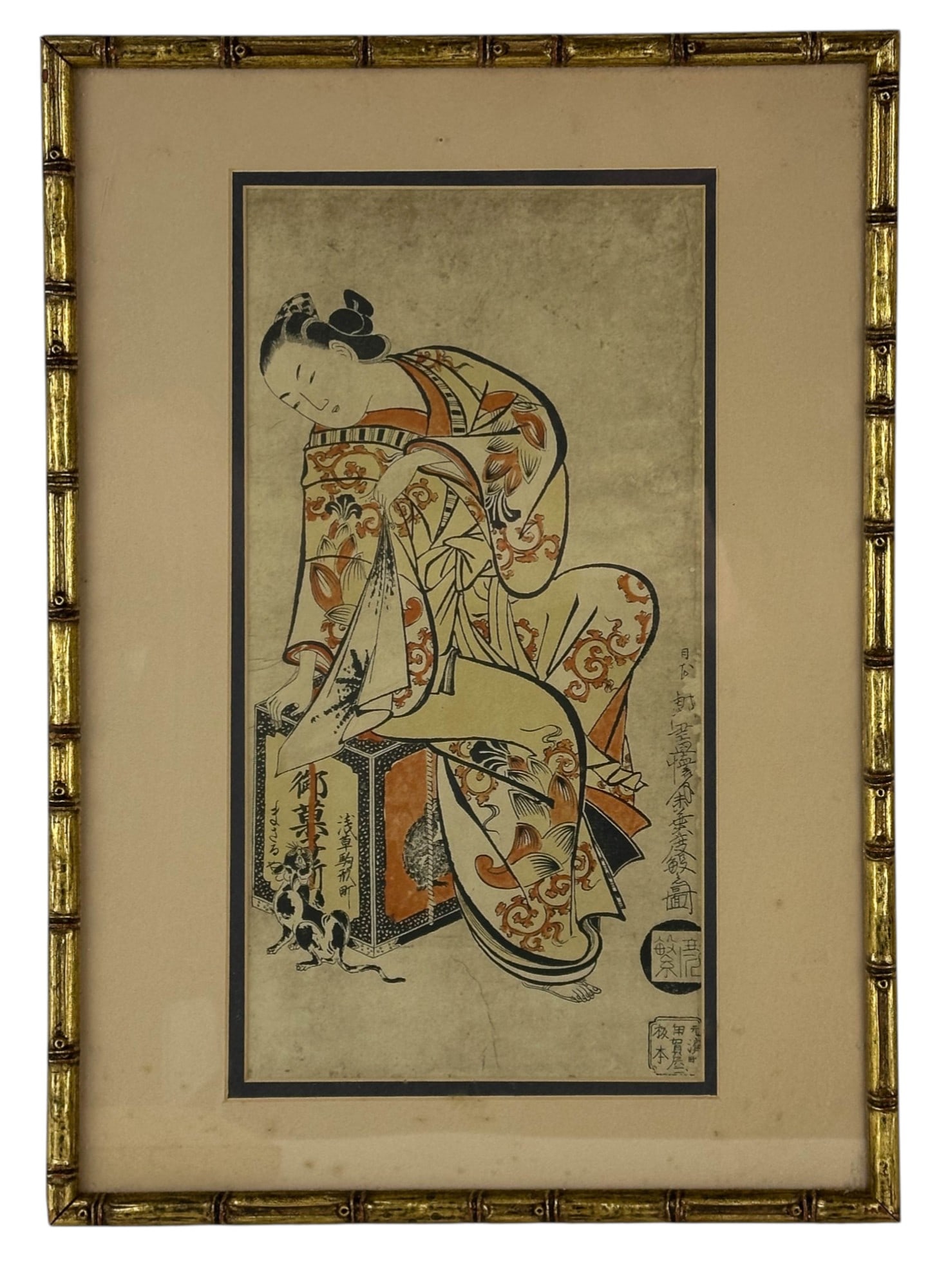 Kaigetsudo Doshin 1700-1716 Color Wood Block Print: Kaigetsudo Dohan (Japanese, 1700-1716) color woodblock print on paper. Titled Courtesan Playing with a Cat. Print features a seated figure on a decorative box engaging with a spotted cat using a patte