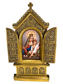 German Gilt Bronze & Porcelain Triptych Altar