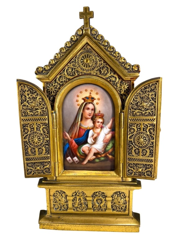 German Gilt Bronze & Porcelain Triptych Altar (1 of 6)
