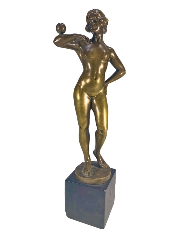 Spiro Schwatenberg (1898-1922) German Nude Bronze: Spiro Schwatenberg (German, 1898-1922) antique bronze sculpture of a nude female figure balancing a sphere on her extended arm. The model reflects early 20th century European design with an Art Nouvea