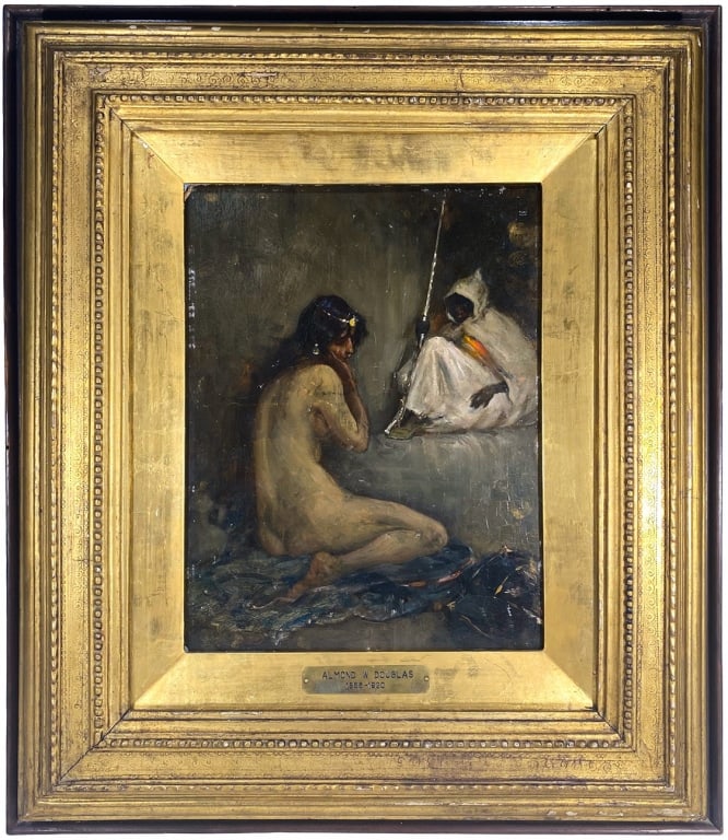 William Douglas Antique English Nude Oil Painting: William Almond Douglas (English, 1866-1916) a impressionist oil painting on cardboard of an Orientalist nude woman amongst a grim background. Hand signed to the lower left corner 'W. A. Douglas' (part