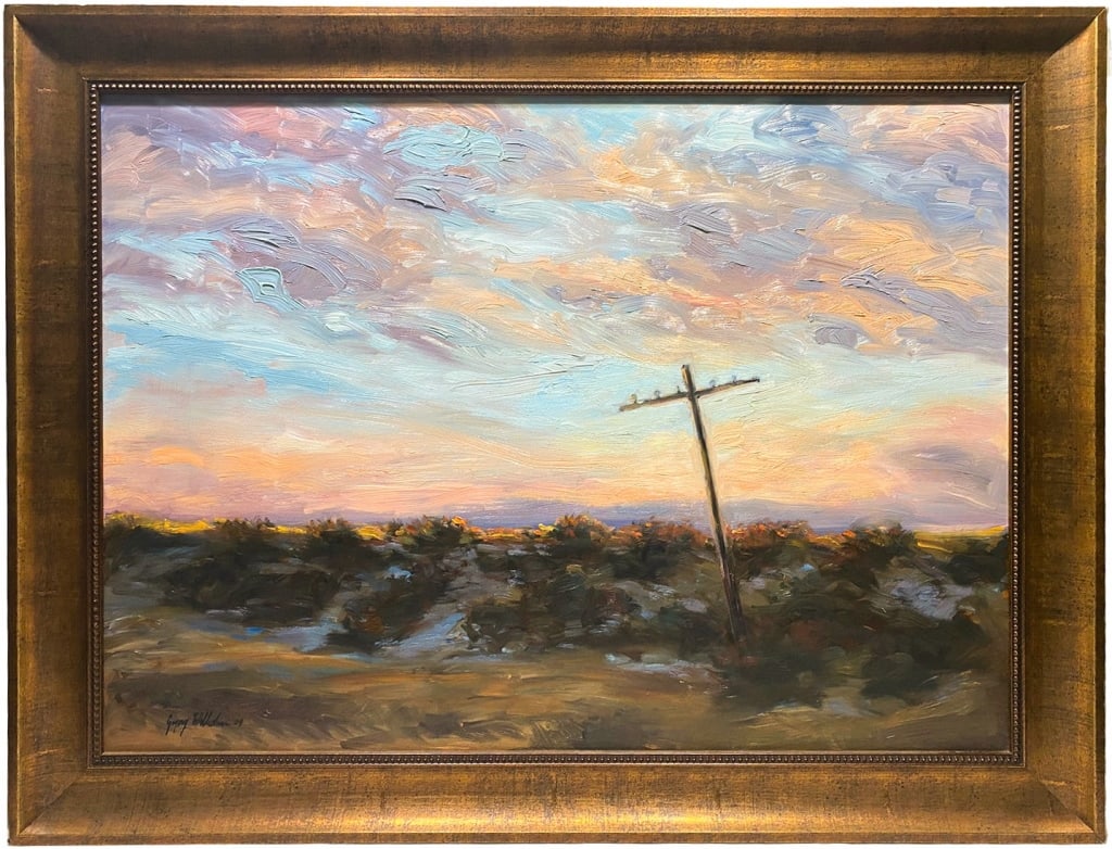 Gregory Wilhelmi Landscape Oil Painting on Board: Gregory Wilhelmi (American, b. 1943) plein-air oil painting on canvas depicting a landscape with an expressive impasto sky and a leaning utility pole. Signed 'Gregory Wilhelmi 04'. Includes a Fine Art