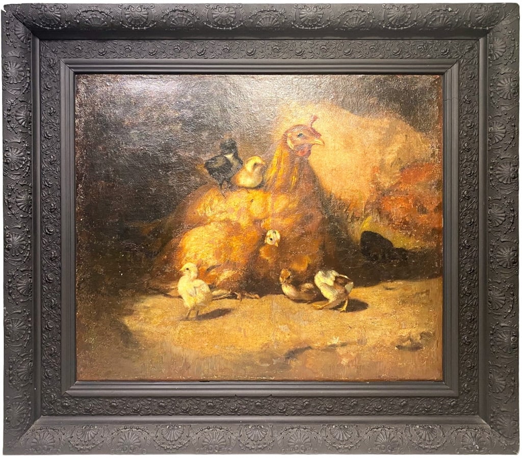 Antique European Hen & Chicks Oil Painting SIGNED (1 of 4)
