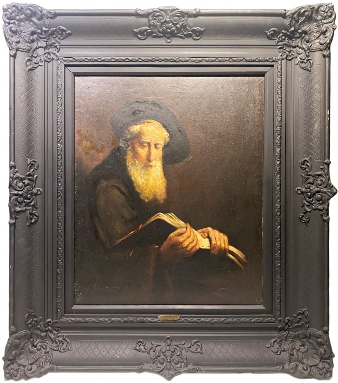 Antique G. Denhart Oil Painting of Old Man Reading: An antique oil on canvas depicting an elderly bearded man in a dark robe reading an open book. Signed lower left 'G. Denhart' with a brass name plaque on the frame. Work Size: 18 x 22.5 in. Dimensions