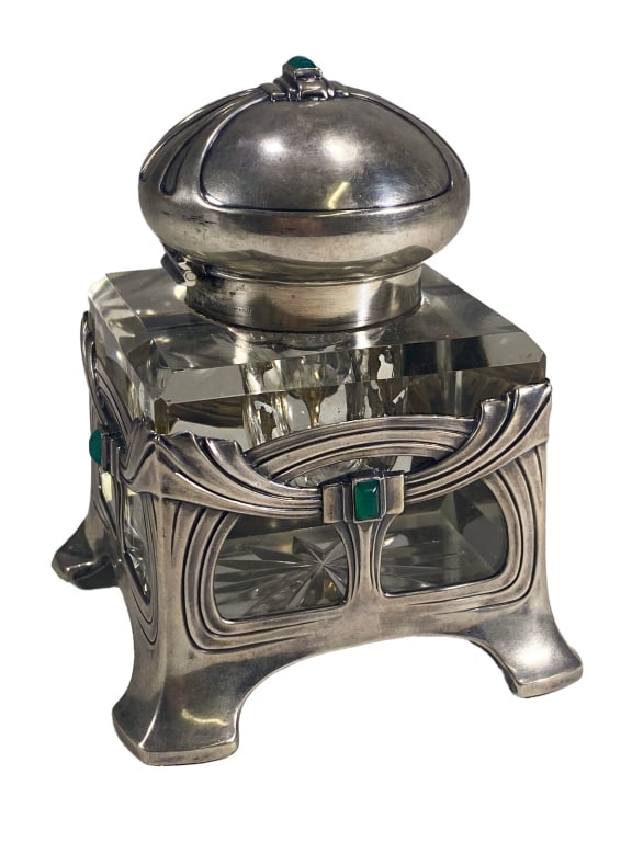 Zimmermann Art Nouveau 800 Silver & Glass Inkwell (1 of 7)