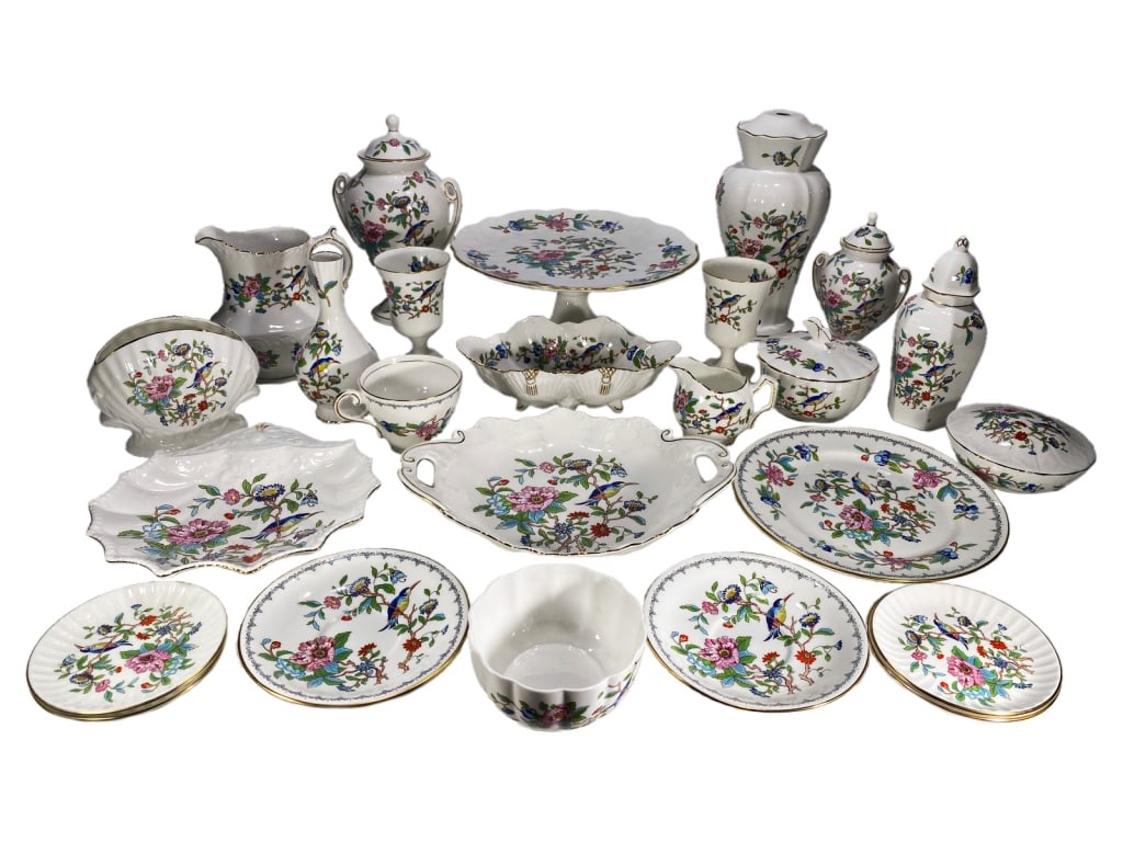Aynsley Pembroke English Bone China Set 25pc LOT: Collection of 25 fine English bone china pieces in the Pembroke pattern by Aynsley. Decorated with colorful floral and bird motifs, scalloped/fluted edges, and gold trim. Including covered jars, bowls