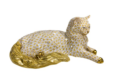 Herend Hungary Gold Fishnet Cat Porcelain Figurine