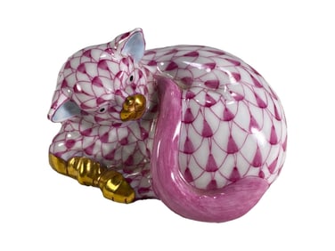 Herend Hungarian Fishnet Porcelain Cats 2pc LOT