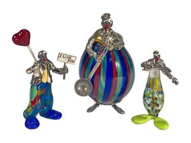 Vittorio Angini Art Glass & Sterling Clown 3pc LOT