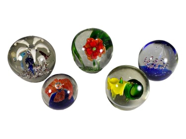 Murano Flower & Millefiori Glass Paperweights 5pcs