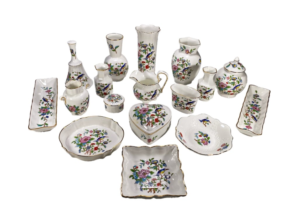 Aynsley Pembroke Porcelain Tableware Set 17pc LOT: Aynsley English 17-piece porcelain collection of fine bone china in the Pembroke pattern. Decorated with colorful birds & blossoms inspired by 18th century designs. each base is marked in green: 'Ayns
