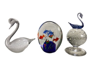 Murano Art Glass Aquarium & Swan Figurines 3pc LOT