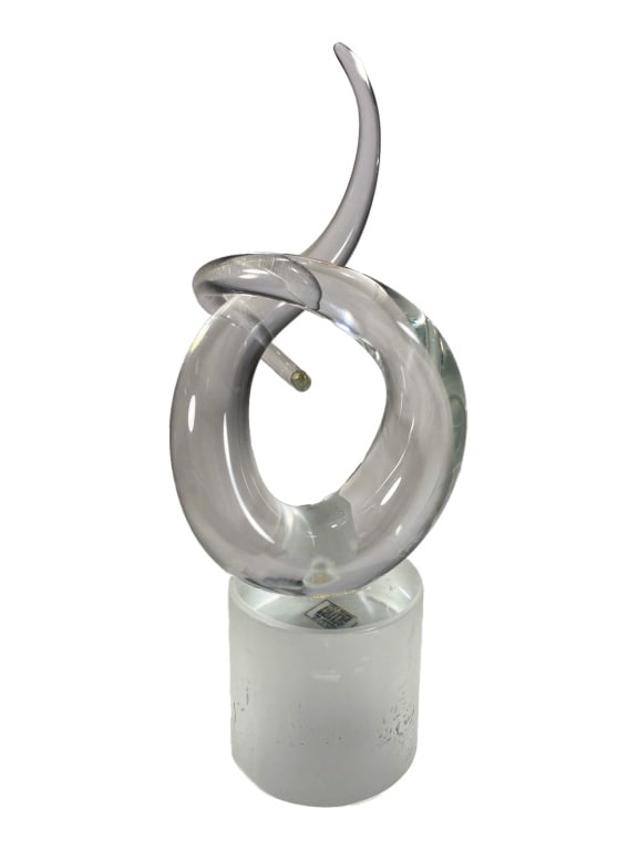 Ultima Italy Crystal Art Handmade Ribbon Sculpture: An Ultima Crystal Art, Italian handmade abstract sculpture featuring a looping ribbon form rising from a cylindrical frosted base. The base retains its original foil label: 'HANDMADE IN ITALY / ULTIMA