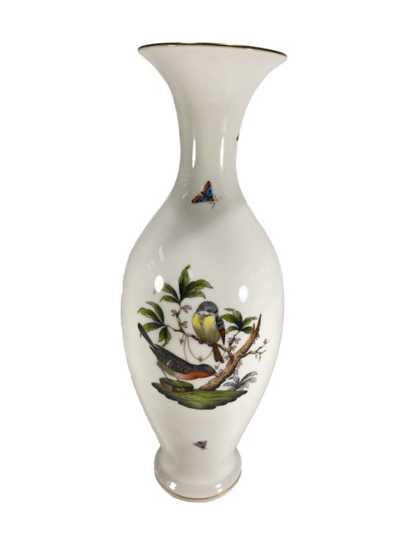Herend Hungarian Porcelain Szeged Cathedral Vase: Herend, flared porcelain vase hand-painted with songbirds, butterflies, and a detailed depiction of Szeged Cathedral in Hungary. Accented with floral motifs and gold edging. Marked with the classic He