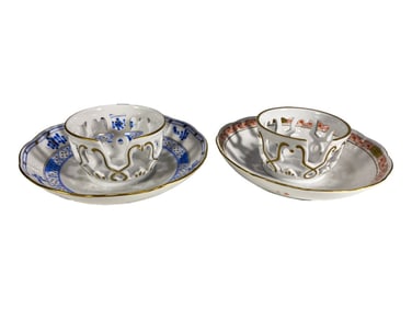 Herend Reticulated Porcelain Cups & Saucers 2pcs