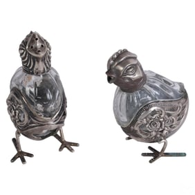 European 800 Silver & Glass Bird Shakers 2pc LOT