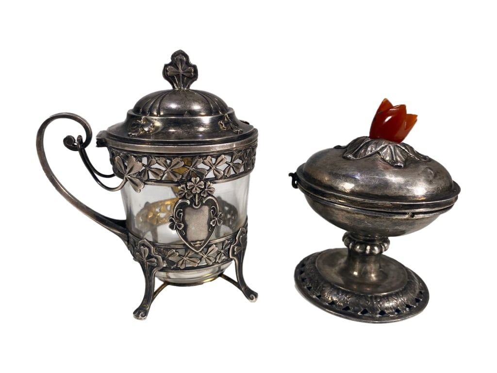 Antique English & European Silver Glass Pots 2pcs (1 of 9)