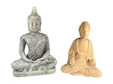 Asian Hardstone & Wood Buddha Figures 2pc LOT