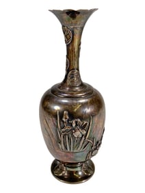 Japanese Meiji Silver Iris & Medallion Vase SIGNED