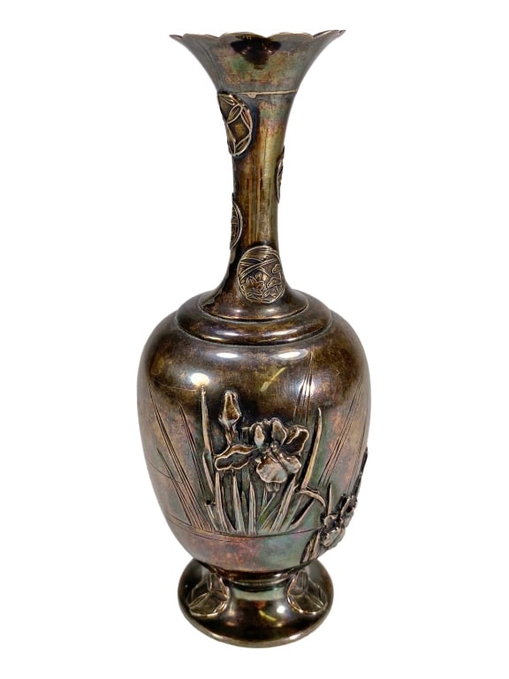 Japanese Meiji Silver Iris & Medallion Vase SIGNED (1 of 6)