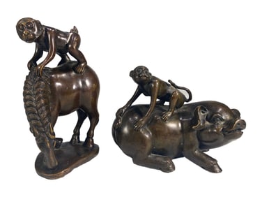 Chinese Monkeys Riding Pig & Horse Bronze 2pc LOT