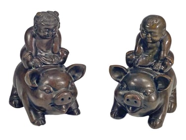 Chinese Pr Bronze Children Riding Pigs Sculptures