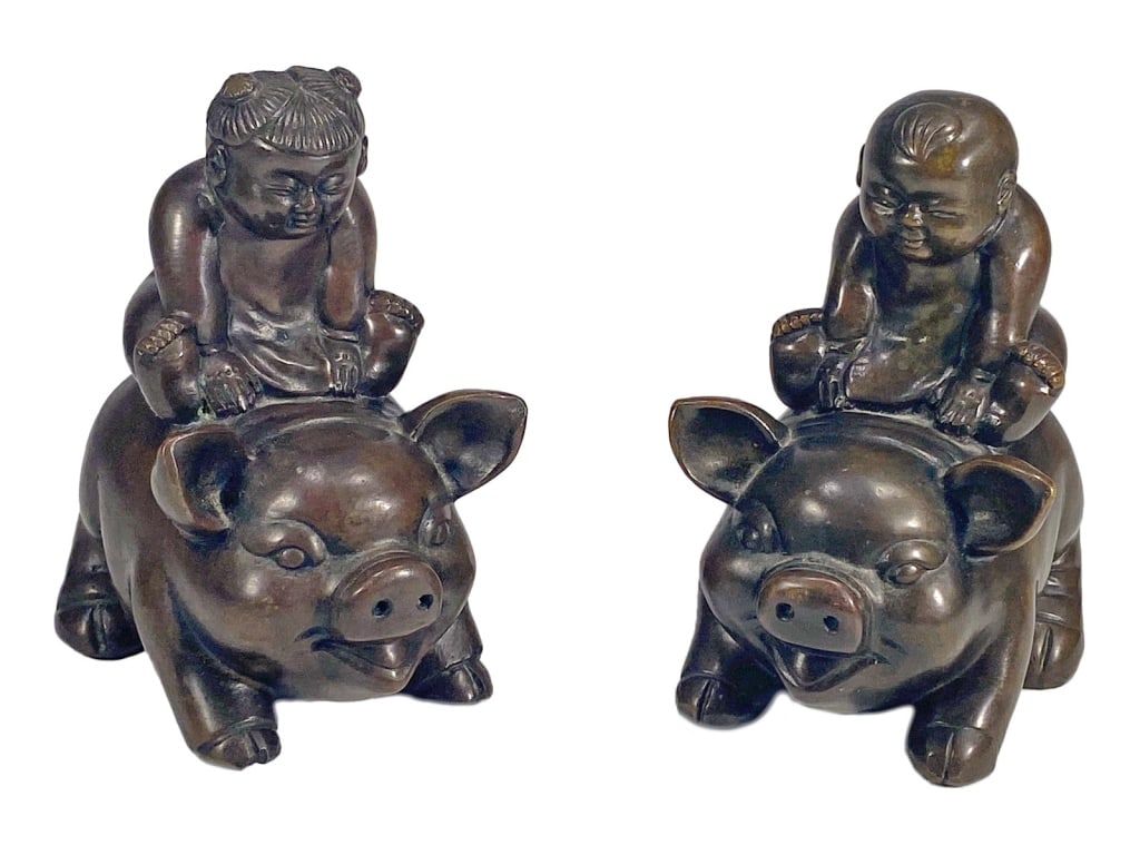 Chinese Pr Bronze Children Riding Pigs Sculptures (1 of 4)