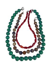 Malachite, Agate & Coral Beaded Necklace 3pc LOT