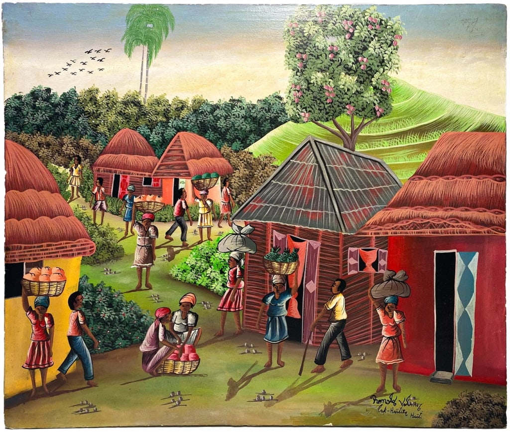 Arnold Volmar Haitian Village Scene Oil Painting: Arnold Volmar (Haitian, 20th century), folk art village oil painting on canvas depicting a scene with baskets, figures, and thatched huts, surrounded by greenery. Hand signed 'Arnold Volmar, Cab-Haiti