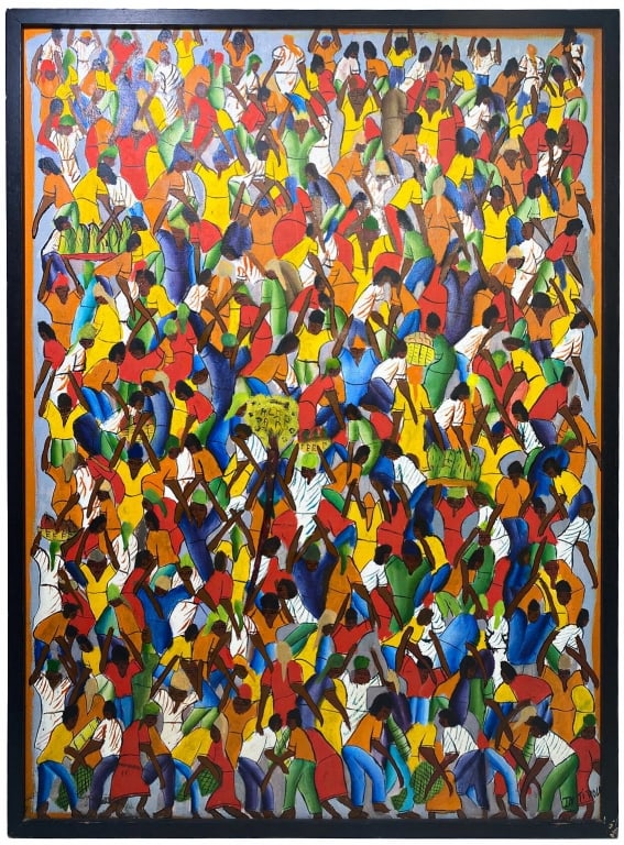 Ti Rou Haitian Multi-Figural Acrylic Painting: Ti Rou (Haitian, 20th century), dynamic and colorful acrylic composition painting on canvas filled with numerous overlapping figures in motion, painted in vibrant tones of yellow, red, green, blue, an
