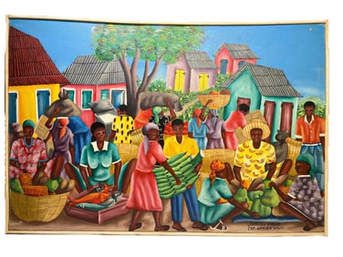 Marcel Valcin Haitian Village Scene Oil Painting
