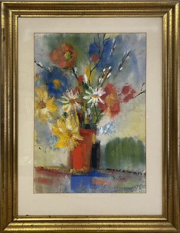 DW Crumb 1964 Floral Still Life Painting SIGNED: D.W. Crumb, a vibrant still life painting featuring a radiant bouquet of multicolored flowers arranged in a red vase. The composition bursts with expressionistic brushwork in hues of red, yellow, blue