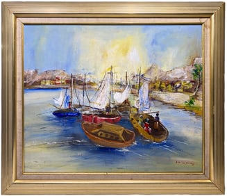 Ambroise Domeck Harbor Scene Acrylic Painting 1995