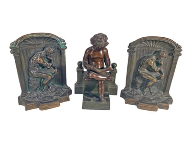 Vintage Solid Bronze & Spelter Bookends 3pc LOT