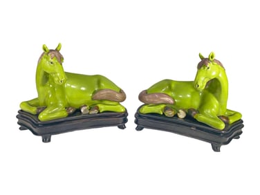 Asian Ceramic Green Glazed Horse Figures 2pc LOT