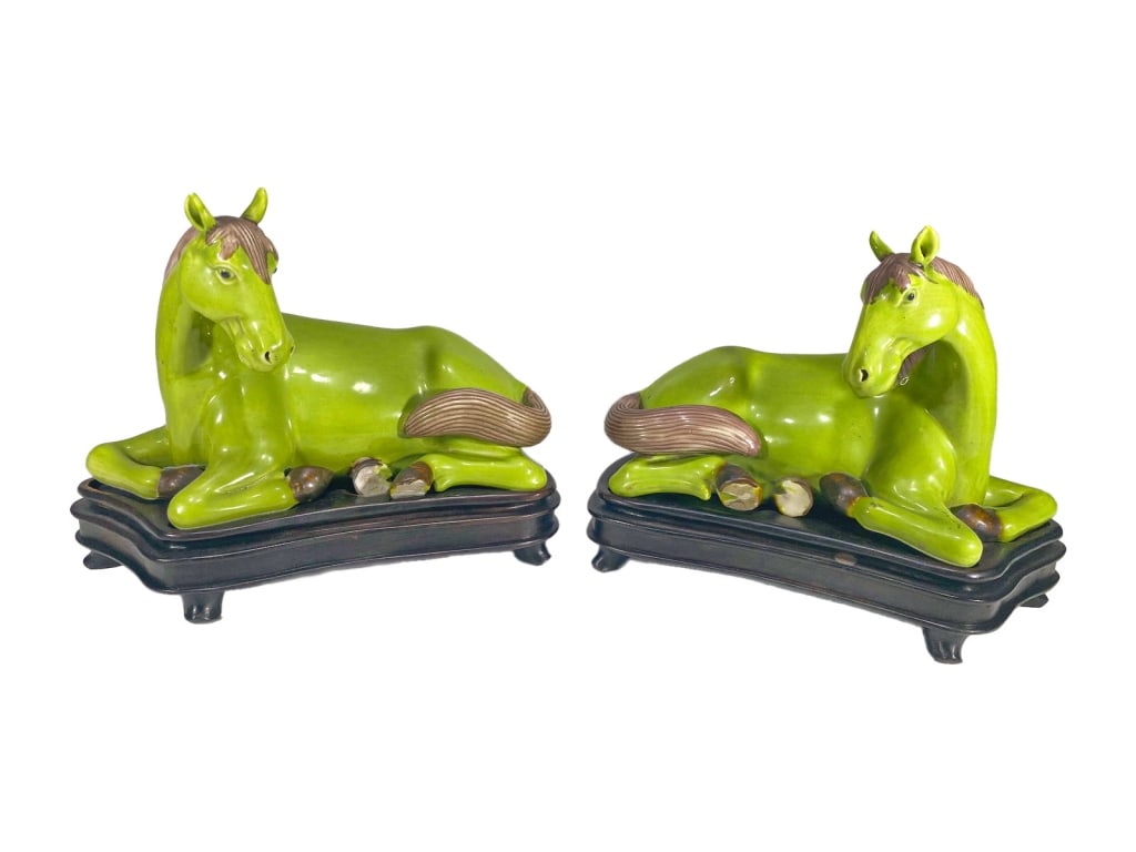 Asian Ceramic Green Glazed Horse Figures 2pc LOT (1 of 4)