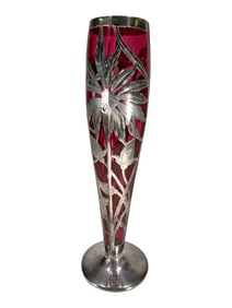 Cranberry Glass Vase w/ Hand-Cut Silver Overlay