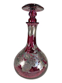 Vintage Cranberry Glass Decanter w/ Silver Overlay