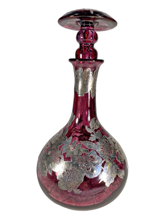 Vintage Cranberry Glass Decanter w/ Silver Overlay (1 of 5)