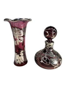 Silver Overlay Amethyst Glass Vase & Perfumer 2pcs