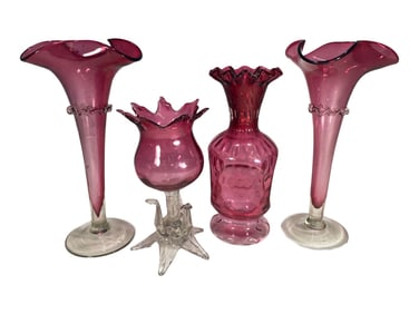 Hand Blown Cranberry Art Glass Vase 4pc LOT