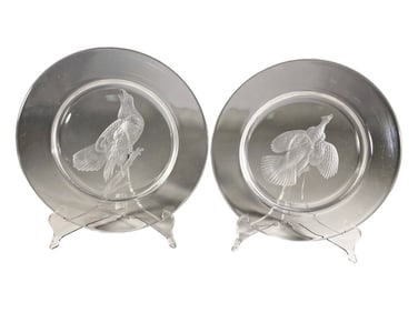Steuben Crystal Wheel-Engraved Bird Plates 2pc LOT