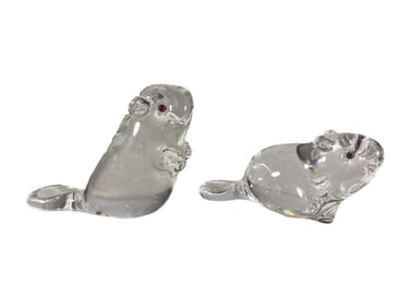 Steuben Pair of Crystal Stylized Beaver Figurines